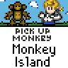 Animated pixel art contact sheet showing a character interacting with monkeys on Monkey Island, featuring text changes and expressions across frames.