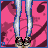 Pixelated character with long dark hair and green eyes, wearing a white top and patterned jacket over light blue jeans, standing against pink background with 'emo' text.