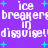 Pixelated text 'ice breakers in disguise!' repeated with cyan starbursts on a purple background.