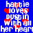 Blue background with white pixelated text reading 'hattie loves dustin with all her heart' and red heart symbols scattered throughout.