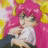 Pixelated anime-style character with pink hair and white clothing against a yellow background, next to black with white text