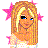 Pixelated cartoon-style icon of a blonde girl with pink star accessories, blue eyes, and orange skin tones against white background.