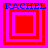 Four identical square display a red and pink layered square design with blue text reading 'RACHEL' above each