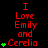Red text reads "I Love Emily and Cerelia" with green plus signs on a black background, showing animation changes in sign count across frames.