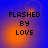Blue background with orange glow and pixelated text "FLASHED BY LOVE" in four quadrants, each showing slight variations in the glow's position.