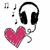 Animated icon with headphones, musical notes, a pink heart, and a dancing silhouette on a pink background.