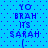 Blue background with purple dots; text 'YO BRAH ITS SARAH' and smiley face in blue pixelated font, repeated twice side-by-side.