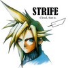 Pixelated anime-style character with spiky multicolored hair, blue eyes, and a blue collar, with text reading STRIFE and a sword sketch.