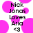 Pixelated text reads 'Nick Jonas Loves Aria <3' over pink circular shapes on white background.