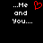 Black background with white pixelated text reading '...Me and You....' on both sides and a red pixelated heart symbol in the center.