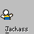 Pixel art animation of two figures in yellow and blue clothing performing sequential hand gestures against a gray background with "Jackass" text below.