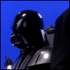 Darth Vader in a static pose with subtle lighting variations , set against a solid blue background