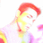 Pixelated image of a person with red hair and yellow highlights on left, pink text 'Mas*' on bright yellow background right.