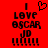 Red background with black pixelated text and symbols: 'I' above a heart, then 'LOVE', 'OSCAR', 'JD', and multiple exclamation marks.