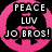 Pink peace symbol with black background and white text reading "PEACE LUV JO BROS!" above a group photo of three people in formal attire.