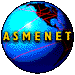 Blue globe with red network lines and yellow 'ASMENET' text across the bottom, showing different continental views in a