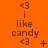 Orange background with repeated dark brown text 'i like candy' and '<3' symbols arranged in a pattern, some frames showing small additional symbols