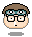 Pixel art avatar with brown hair, teal headband, black glasses, and a small white nose, showing four distinct facial expressions in a