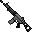 Pixelated image of a dark gray rifle with black outlines, angled diagonally left, firing a yellow muzzle flash on the right side against a light gray background.