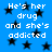 Blue background with black stars and repeated white text reading "He's her drug and she's addicted" in pixelated font.