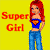 Pixelated image of a red-haired figure in blue crop top and jeans against yellow background with red text "Super Grl".