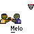 Pixel art of two figures in blue and orange jerseys with '13' on their chests, one holding a basketball, under a checkered flag, labeled 'Melo' below.