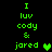 Green pixelated text on black background reads "I luv cody & jared" with a green heart symbol, displayed in two identical vertical