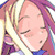 Pixelated anime-style icon of a character with closed eyes, purple hair, and pink skin wearing a blue collar against a white background.