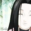 Anime-style character with long black hair, closed eyes, and a neutral expression against a blurred green background.