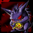 Pixelated purple creature with red eyes and yellow chest, set against dark red background with scattered red pixels.