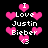 Pixelated icon with pink hearts and white text reading "I Love Justin Bieber" on black background.