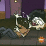 Animated sequence of a cartoon character with wild black hair lying on a dark green surface, repeatedly flailing limbs and head while emitting white particle effects.