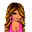 Pixel art contact sheet showing three frames of an animated icon featuring a cartoon woman in pink attire with text elements below each frame.