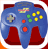 Pixelated blue and red game controller with directional pad, colored buttons, and analog sticks on a white background.