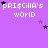 Purple background with repeated 'priscilla's world' text in white pixelated font, scattered black and purple stars, and a gray rectangle in the bottom-right corner.