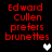 Red pixelated text reads "Edward Cullen prefers brunettes" with a white heart icon on the left and gray heart icons on the right, all against black background.