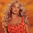 Pixelated static image of a woman with curly blonde hair wearing an orange patterned dress against an orange background.
