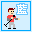 Pixel art avatar of a person in red shirt and gray pants holding a microphone, with changing Chinese characters in blue text bubbles against light blue background.