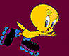 Yellow cartoon bird on roller skates with blue and black wheels, moving left to right across a dark purple background.