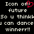 Pixelated text on black background with red heart symbol replacing 'o' in 'Icon of', featuring repeated phrases and exclamation marks.