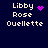 Pixelated text 'Libby Rose Ouellette' appears with a purple heart icon on the top-left, transitioning to a purple starburst and then a purple dot cluster in subsequent frames.