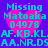 Pixelated text and pink heart shapes on a purple background with cyan text reading "Missing Matoaka 04978" and repeating letter sequences below.