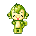 Pixelated green cartoon character with spiky hair, closed eyes, and a small red mouth in various poses against gray background.