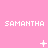 Pixelated pink background with repeated white text "SAMANTHA" and changing small white symbols below each