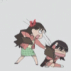 Animated sequence of two anime-style girls in pink tops and green skirts interacting with brown books against a light gray background.