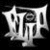 Pixelated grayscale icon with stylized text forming a decorative emblem on black background.