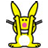 Yellow pixelated robot with bunny ears, pink circular mouth, and black arms stands against white background; text 'not' appears above and below the figure.