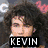 Pixelated image of a person with curly hair overlaid by text blocks reading KEVIN, LOVE, and KEVINN!! in blue and black.