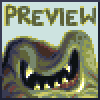 Pixel art image showing a dinosaur-like creature with open mouth and sharp teeth beneath the word PREVIEW in blocky letters.