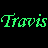 Green text "Travis" repeats across a black background with a blue martini glass icon above the middle section.
